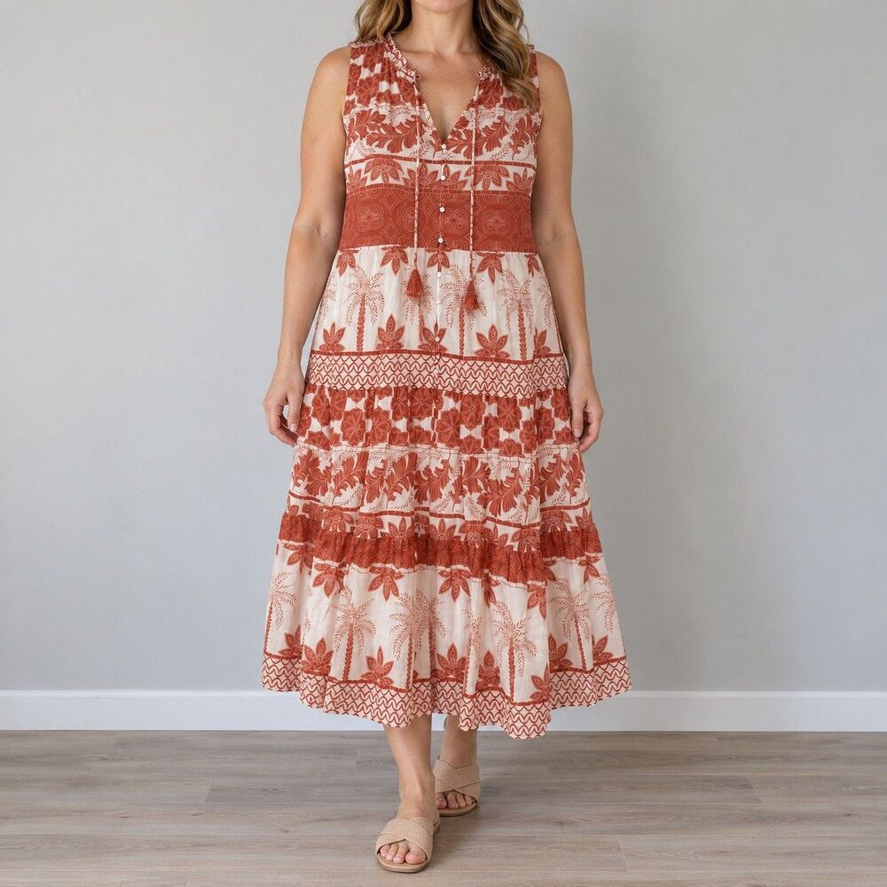 Johnny Was Jade XL Rust Cream Cotton Silk Tiered Maxi Dress Floral Palm Print